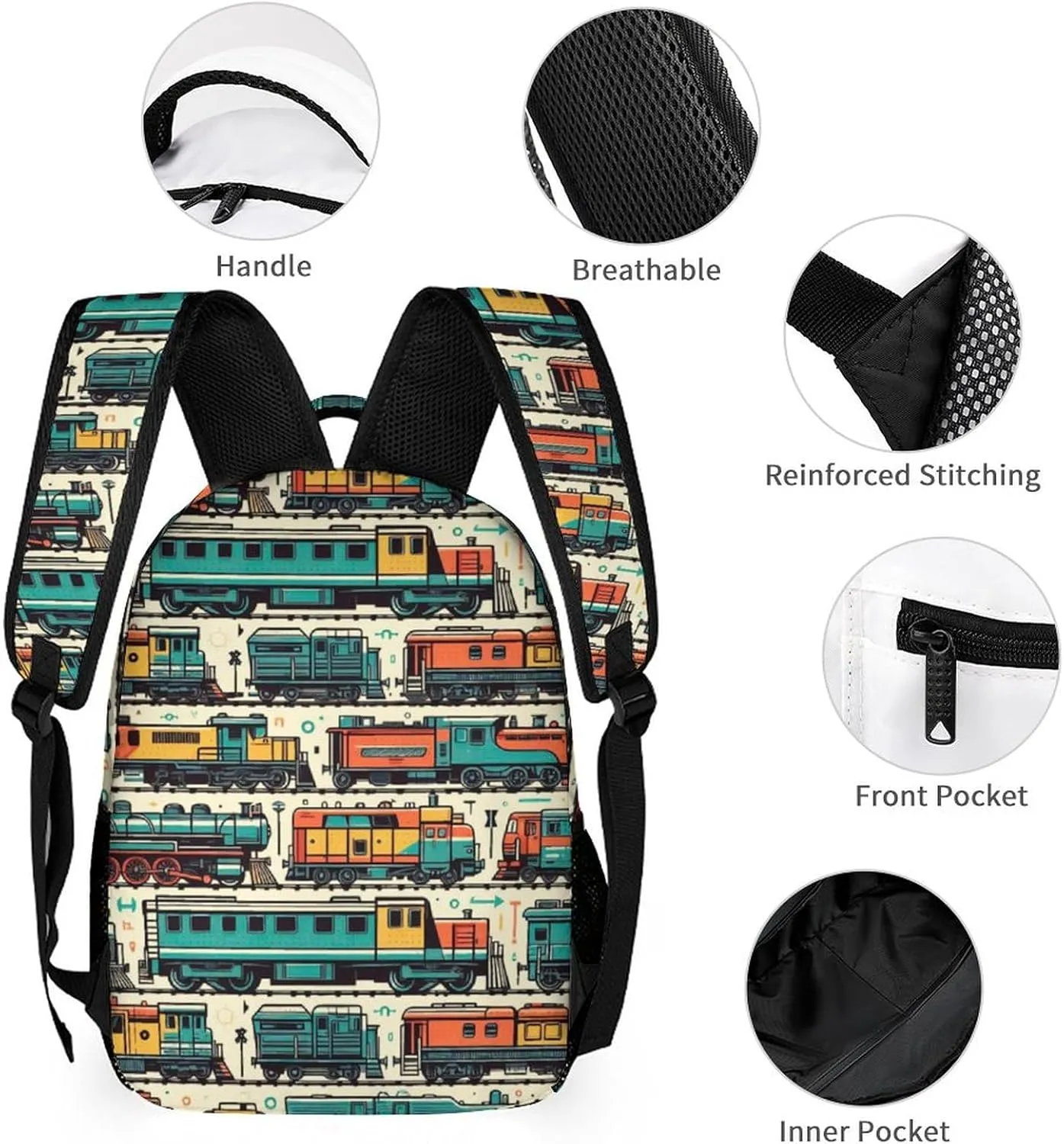 Train Backpack for Kids Girls Boys School, 16 Inches Cute Train Theme Bookbag, Adjustable, Lightweight, Large Capacity, Colorful Train Backpack for School