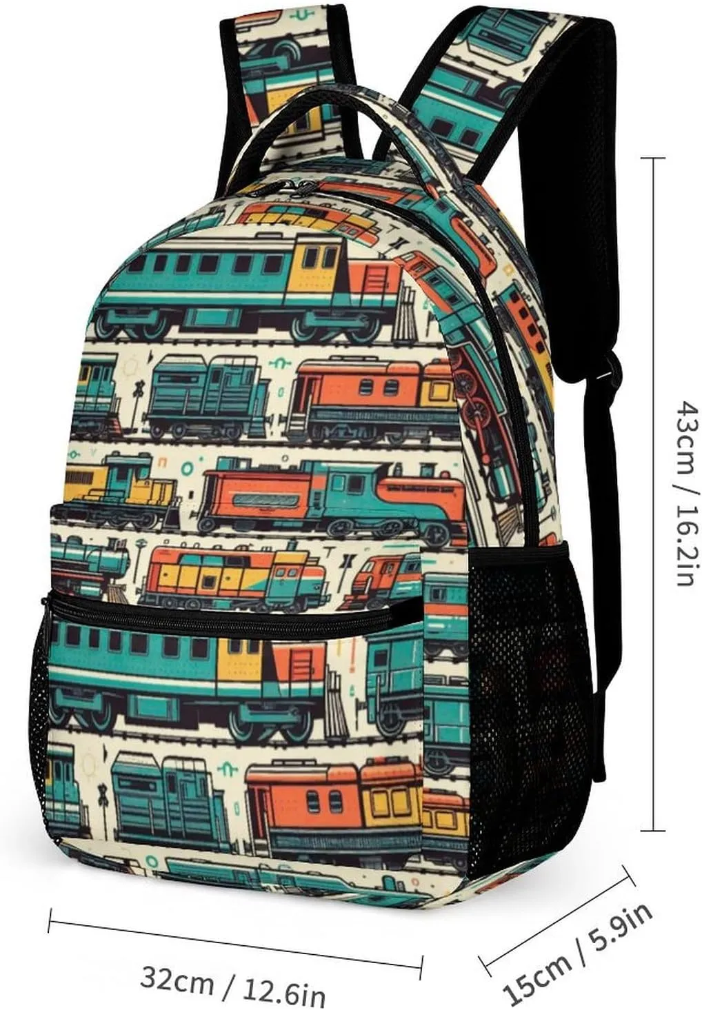 Train Backpack for Kids Girls Boys School, 16 Inches Cute Train Theme Bookbag, Adjustable, Lightweight, Large Capacity, Colorful Train Backpack for School