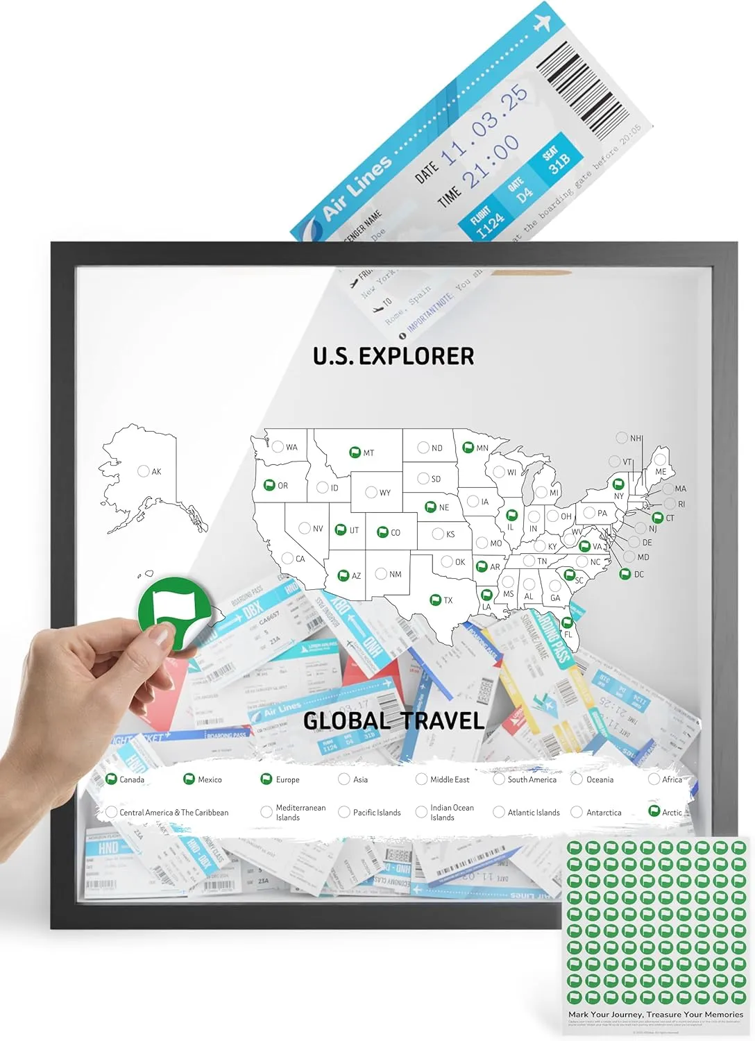 Travel Adventure Archive Box, with Where I've Been Map for Memory, 11.4"x11.4" Travel Shadow Box with Slot for Tickets Collection, Keepsake Frame with Stickers & US Map for Tracking (Black)