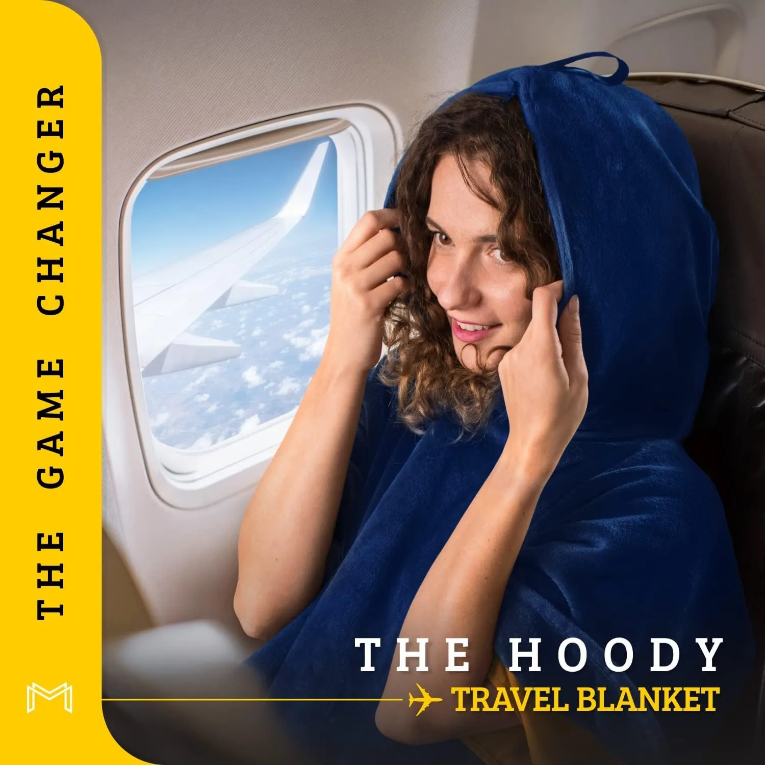 Travel Blanket Airplane Compact with Hoodie – 2in1 Airplane Travel Accessories from Plane Blanket to Travel Pillow with Luggage Strap, Soft Handle & Secure Pocket (Navy Blue, 62x41'')