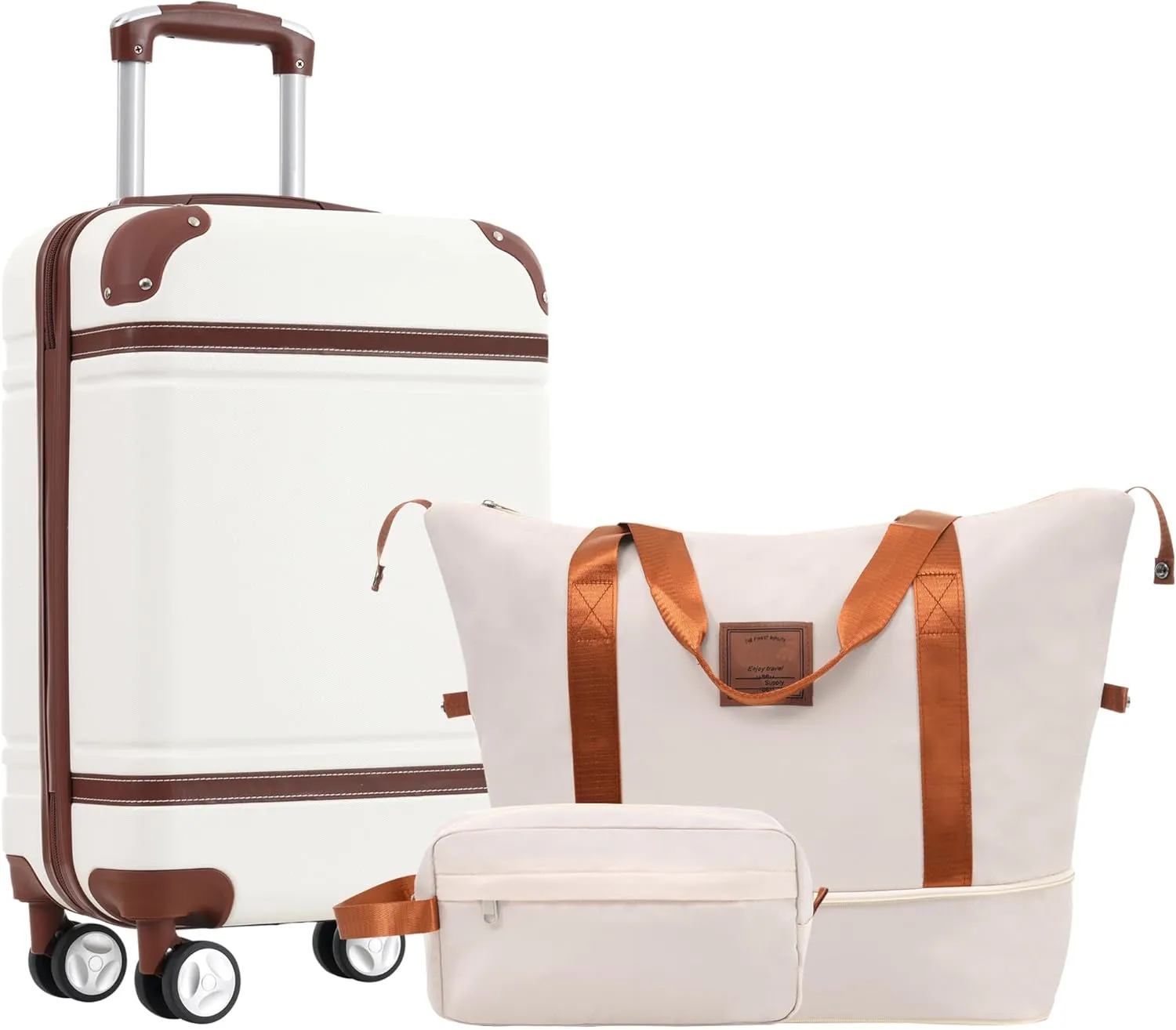 Travel Comfort with Hardshell Luggage Set, 20 Inch Suitcase, Travel Duffel Bag, and Toiletry Bag, White