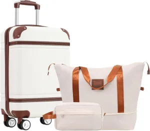 Travel Comfort with Hardshell Luggage Set, 20 Inch Suitcase, Travel Duffel Bag, and Toiletry Bag, White