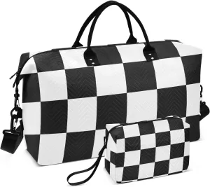 Travel Duffel Bags, Checkered Plaid Black and White Large Capacity Weekender Bags, Weekender Overnight Bag with Toiletry Bag, Gym Duffel Bag with Women and Men