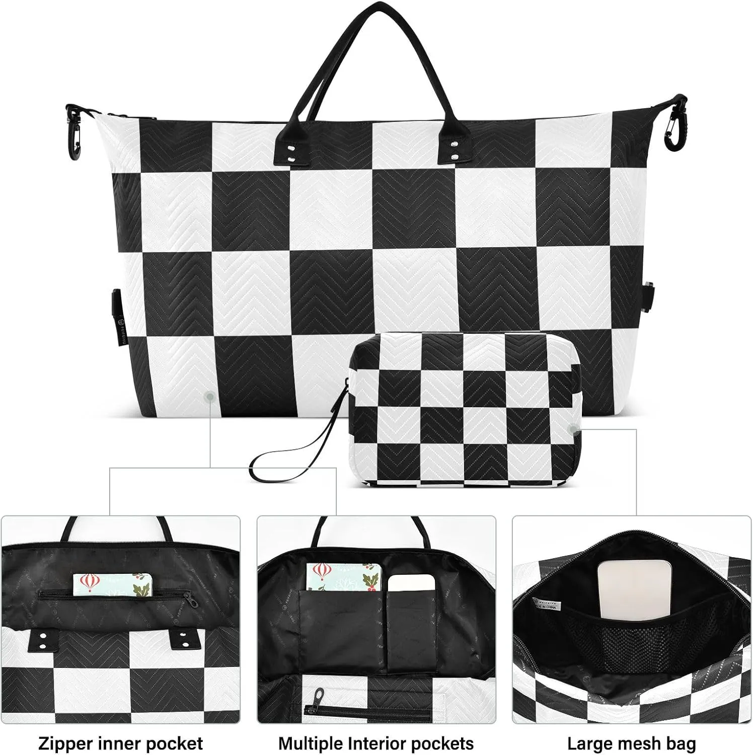 Travel Duffel Bags, Checkered Plaid Black and White Large Capacity Weekender Bags, Weekender Overnight Bag with Toiletry Bag, Gym Duffel Bag with Women and Men