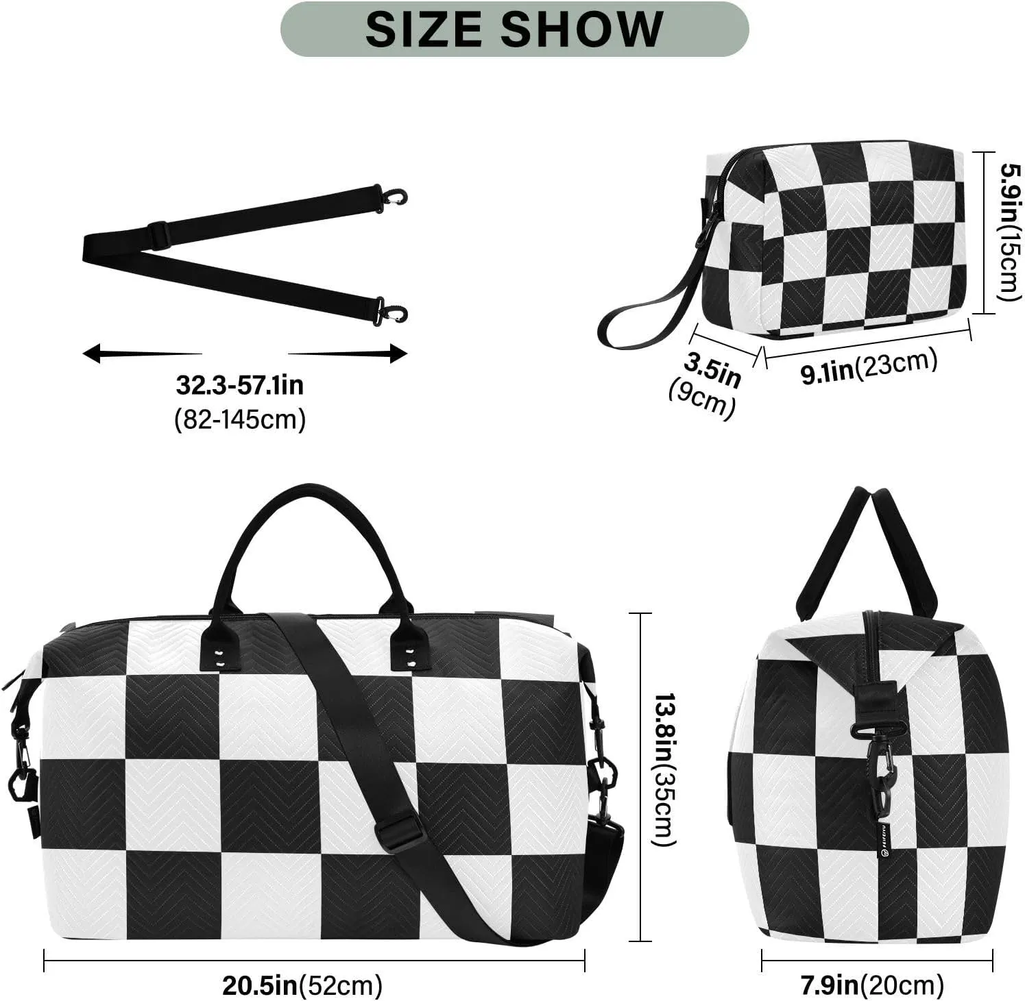 Travel Duffel Bags, Checkered Plaid Black and White Large Capacity Weekender Bags, Weekender Overnight Bag with Toiletry Bag, Gym Duffel Bag with Women and Men