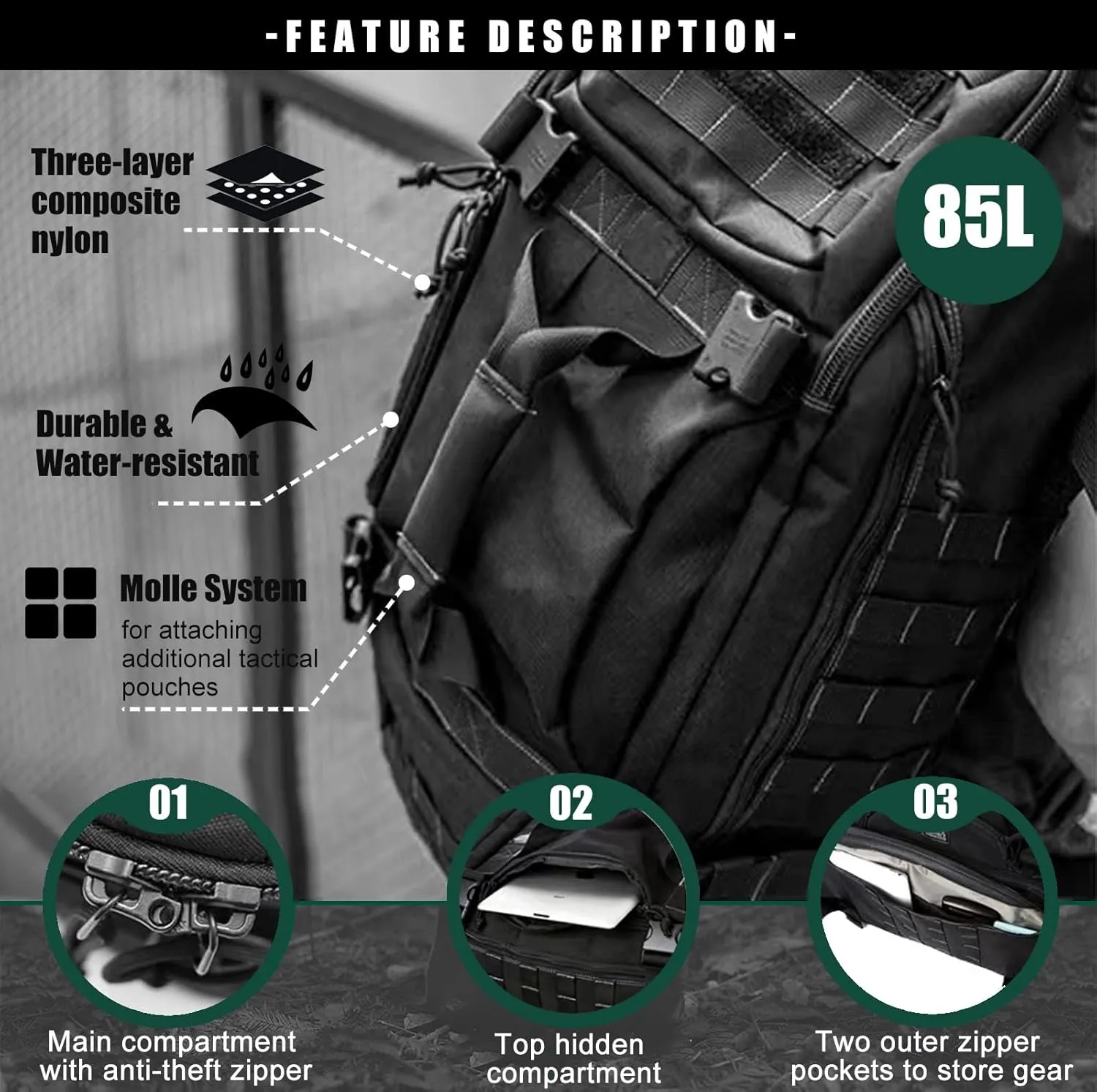 Travel Duffle Bag Backpack for Men - Large Tactical Bags Weekender Gym Bag for Overnight Traveling Military Workout Deployment Sports (Black, 80L)