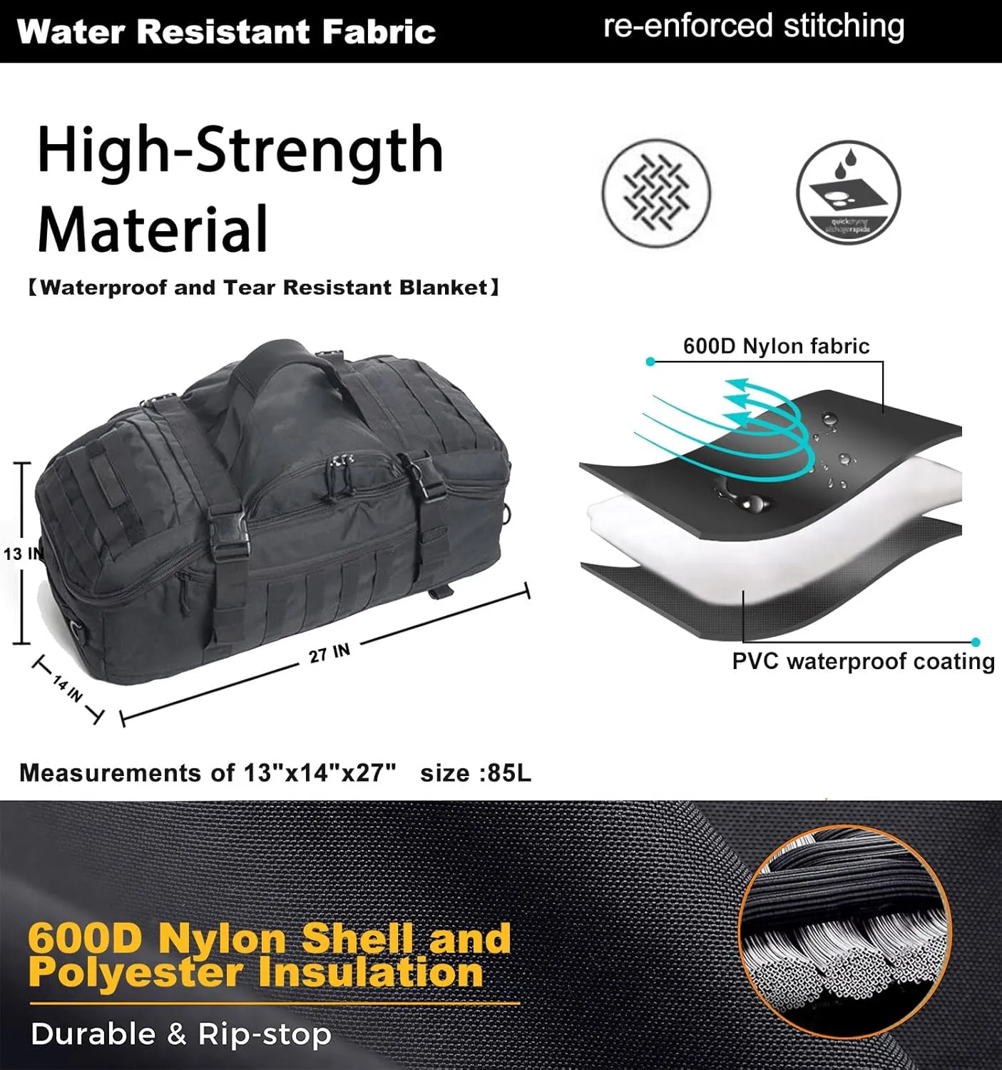 Travel Duffle Bag Backpack for Men - Large Tactical Bags Weekender Gym Bag for Overnight Traveling Military Workout Deployment Sports (Black, 80L)