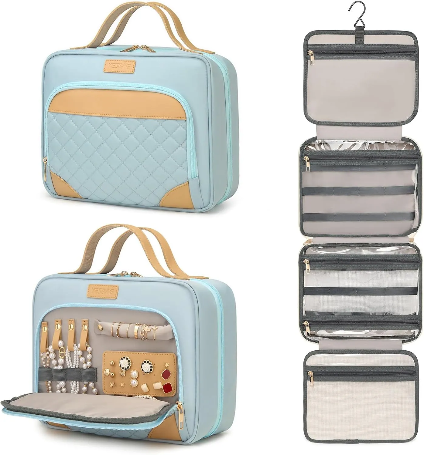 Travel Hanging Toiletry Bag for Women,Jewelry Organizer Compartment,Cosmetic Bag with Hanging Hook for Accessories, Shampoo, Full-size Container,Toiletries,Black Strip (Blue)