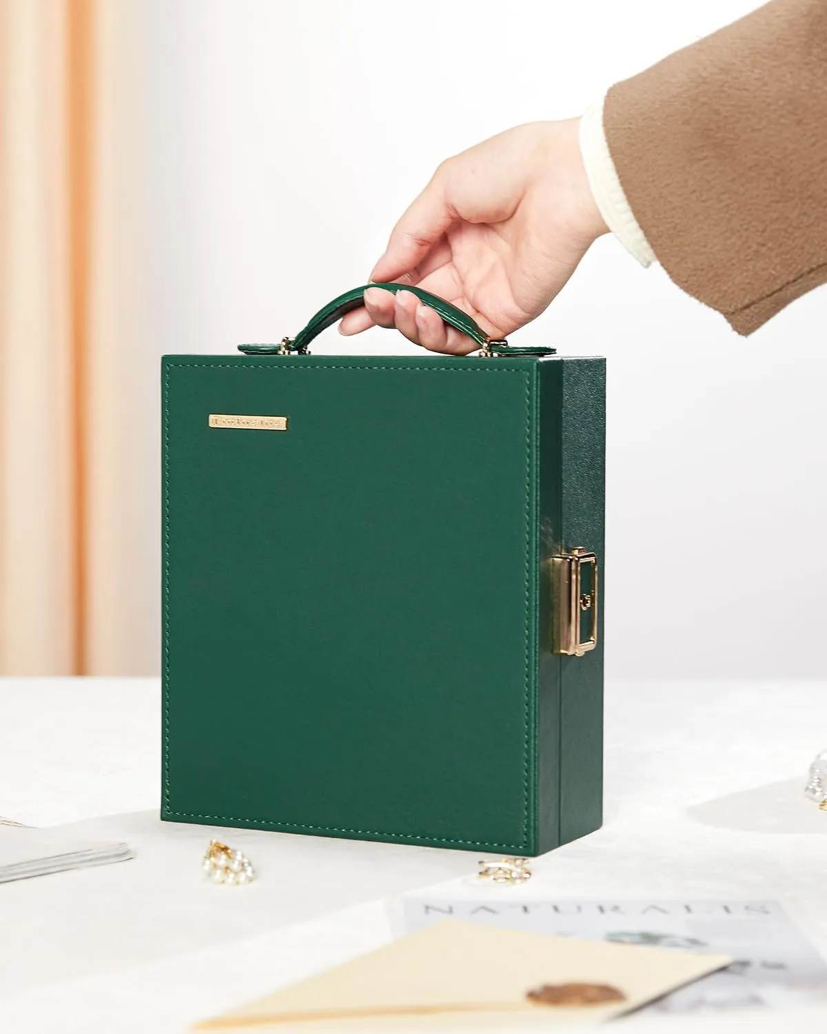 Travel Jewelry Case, Essentials for vacation, Portable Bangle Box with Mirror, PU Leather Small Watch Organizer for Rings, Earrings, Necklaces, Bracelets (Dark Green)