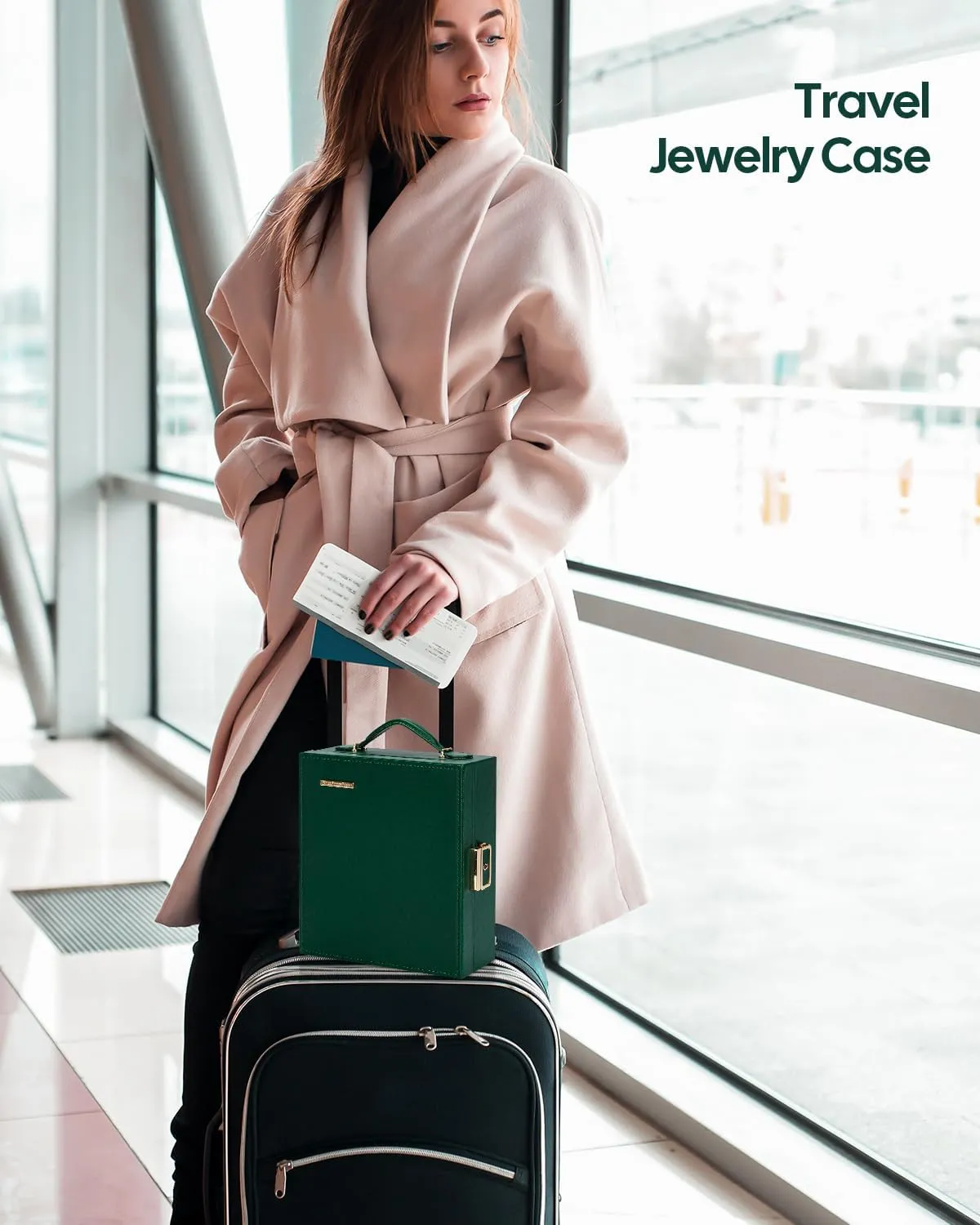 Travel Jewelry Case, Essentials for vacation, Portable Bangle Box with Mirror, PU Leather Small Watch Organizer for Rings, Earrings, Necklaces, Bracelets (Dark Green)