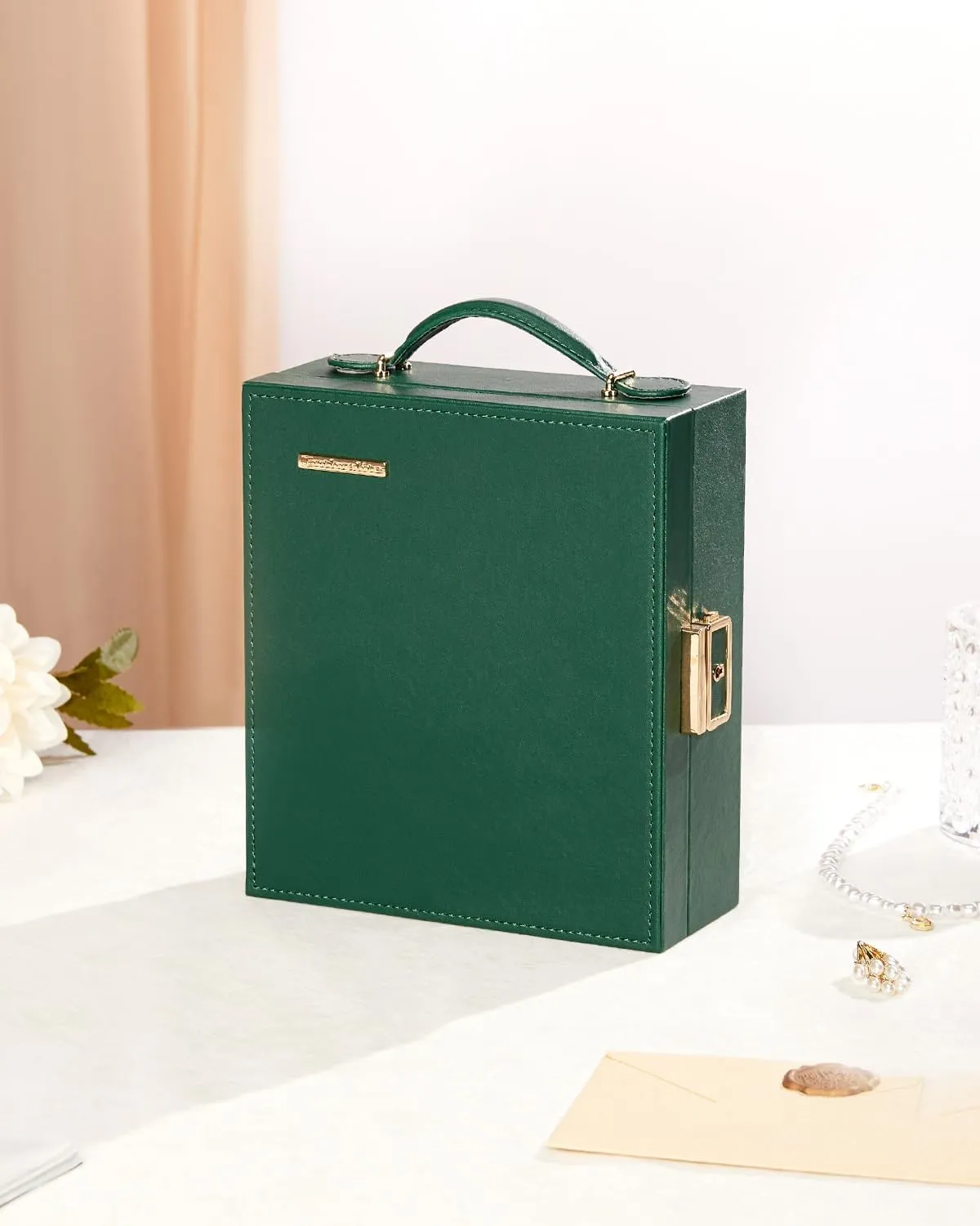 Travel Jewelry Case, Essentials for vacation, Portable Bangle Box with Mirror, PU Leather Small Watch Organizer for Rings, Earrings, Necklaces, Bracelets (Dark Green)