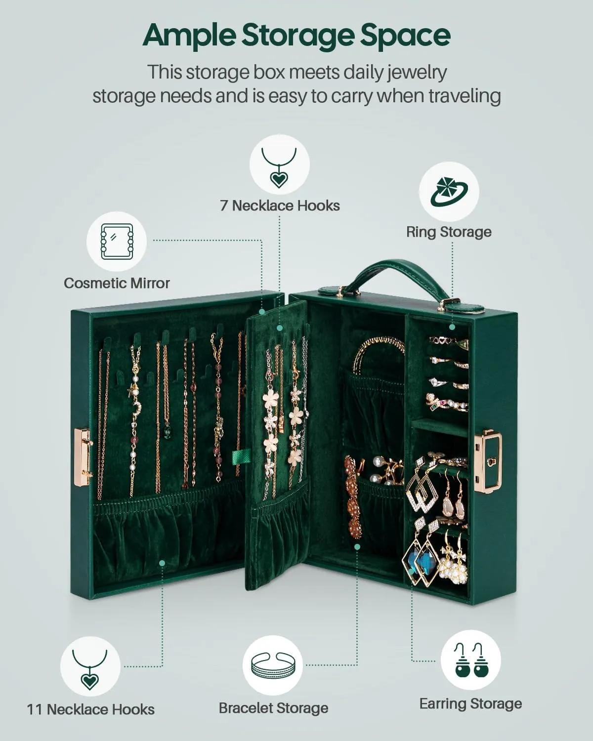 Travel Jewelry Case, Essentials for vacation, Portable Bangle Box with Mirror, PU Leather Small Watch Organizer for Rings, Earrings, Necklaces, Bracelets (Dark Green)