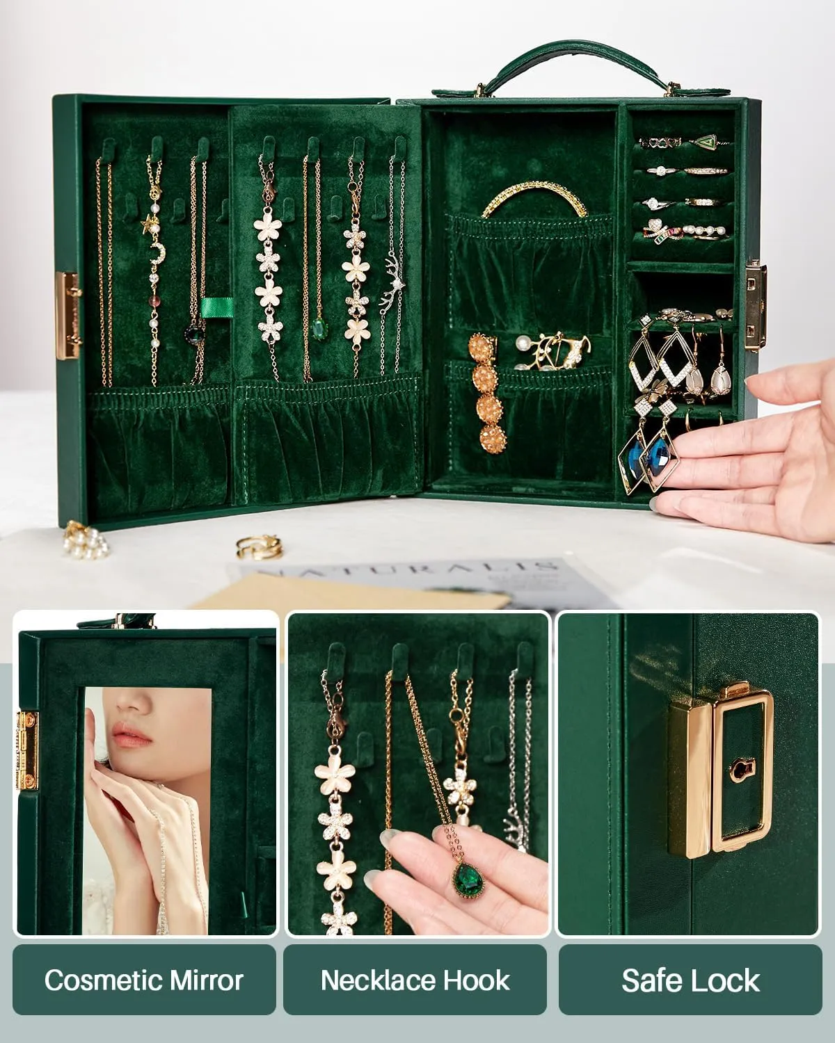 Travel Jewelry Case, Essentials for vacation, Portable Bangle Box with Mirror, PU Leather Small Watch Organizer for Rings, Earrings, Necklaces, Bracelets (Dark Green)
