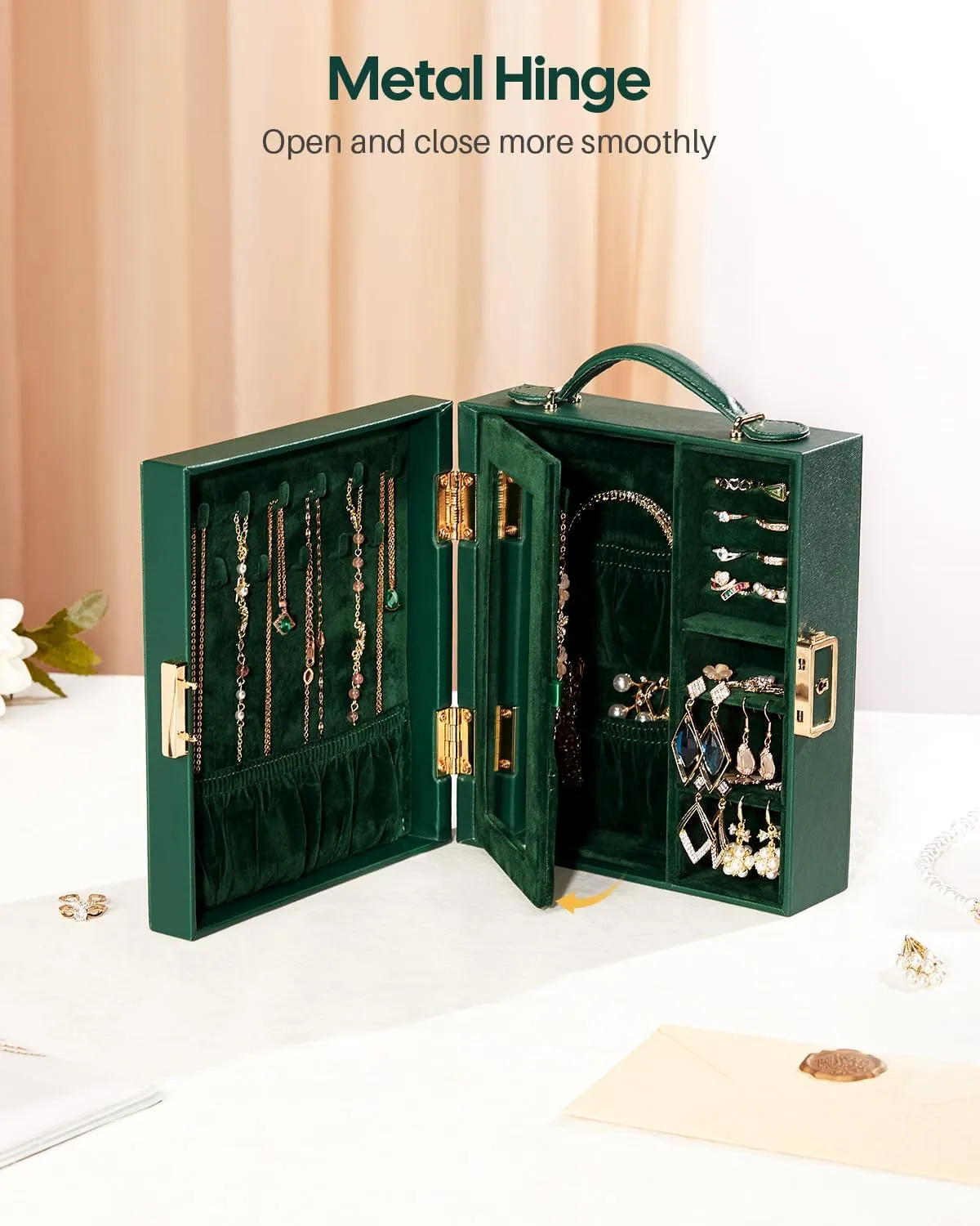 Travel Jewelry Case, Essentials for vacation, Portable Bangle Box with Mirror, PU Leather Small Watch Organizer for Rings, Earrings, Necklaces, Bracelets (Dark Green)