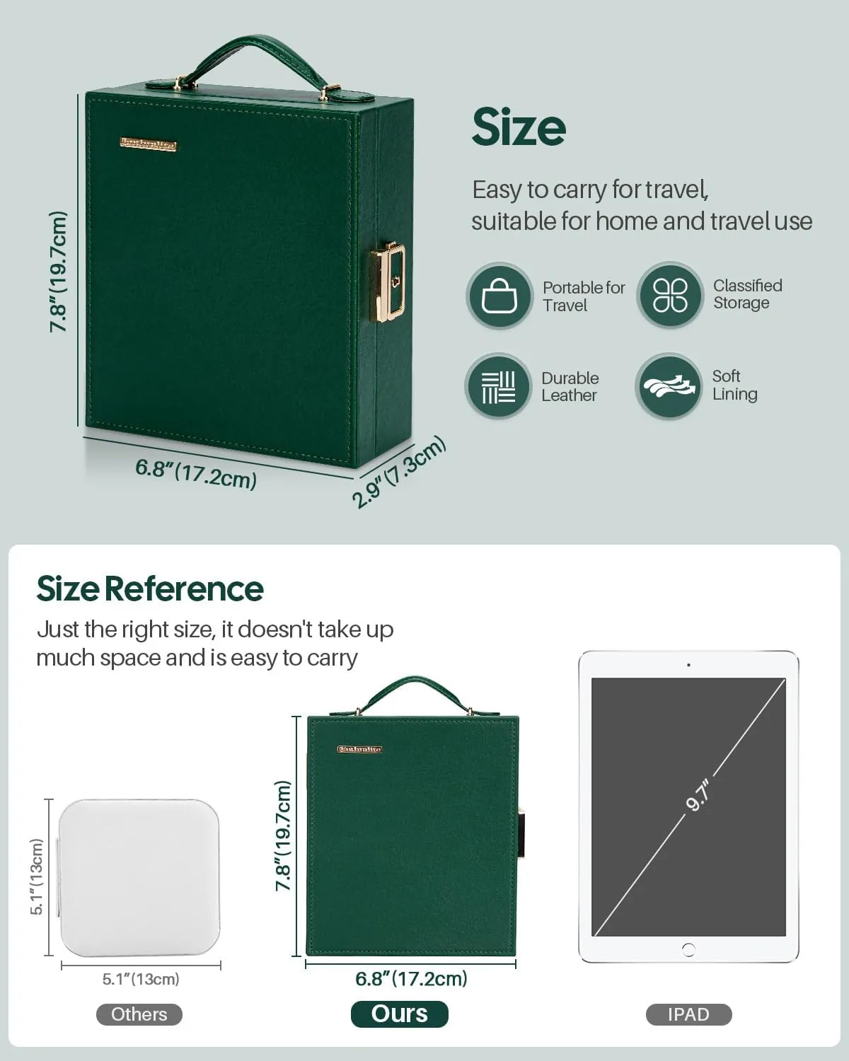 Travel Jewelry Case, Essentials for vacation, Portable Bangle Box with Mirror, PU Leather Small Watch Organizer for Rings, Earrings, Necklaces, Bracelets (Dark Green)