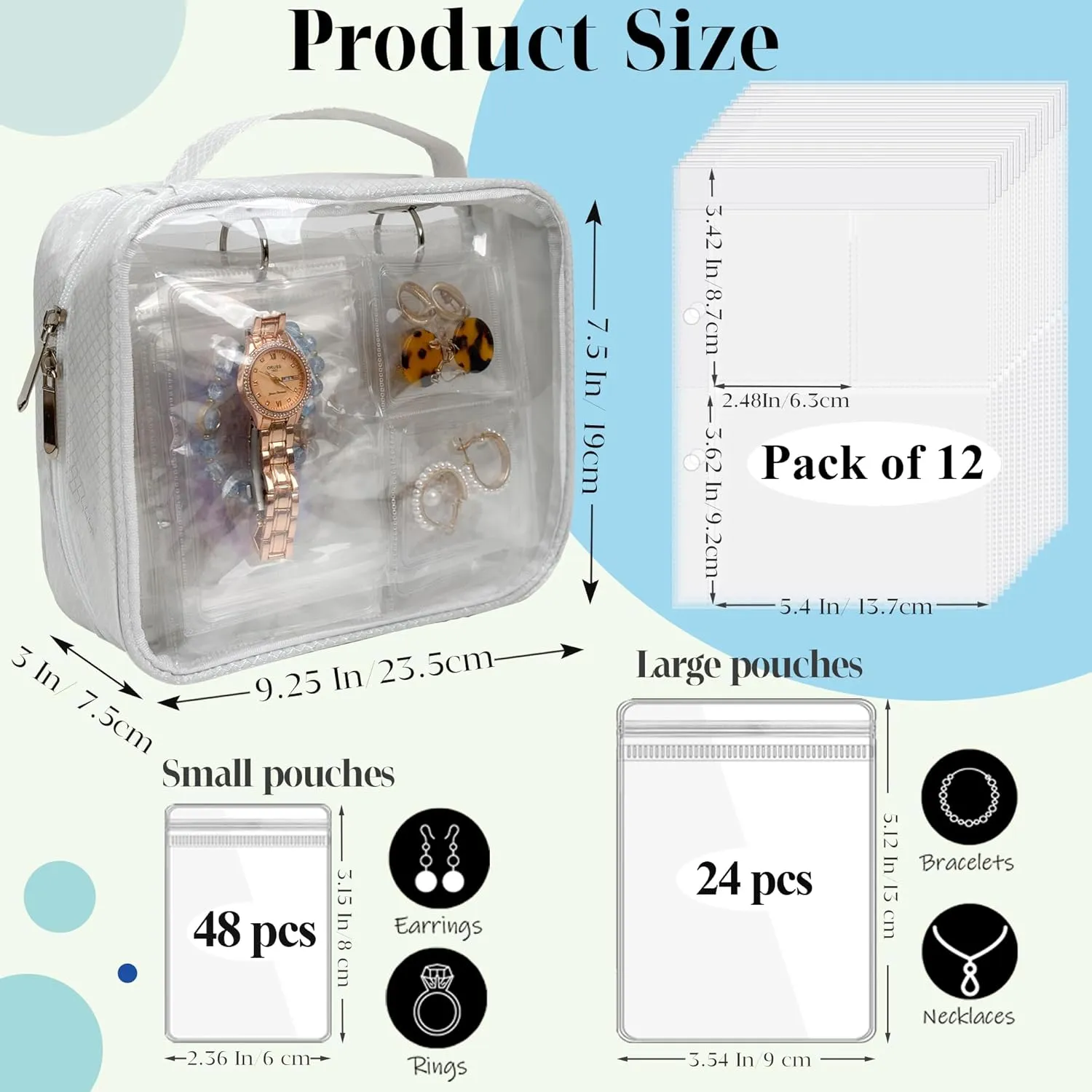 Travel Jewelry Organizer Case Transparent Jewelry Storage Book Binder Bag for Earrings, Rings, Necklace, Bracelet (White-Clear Window)