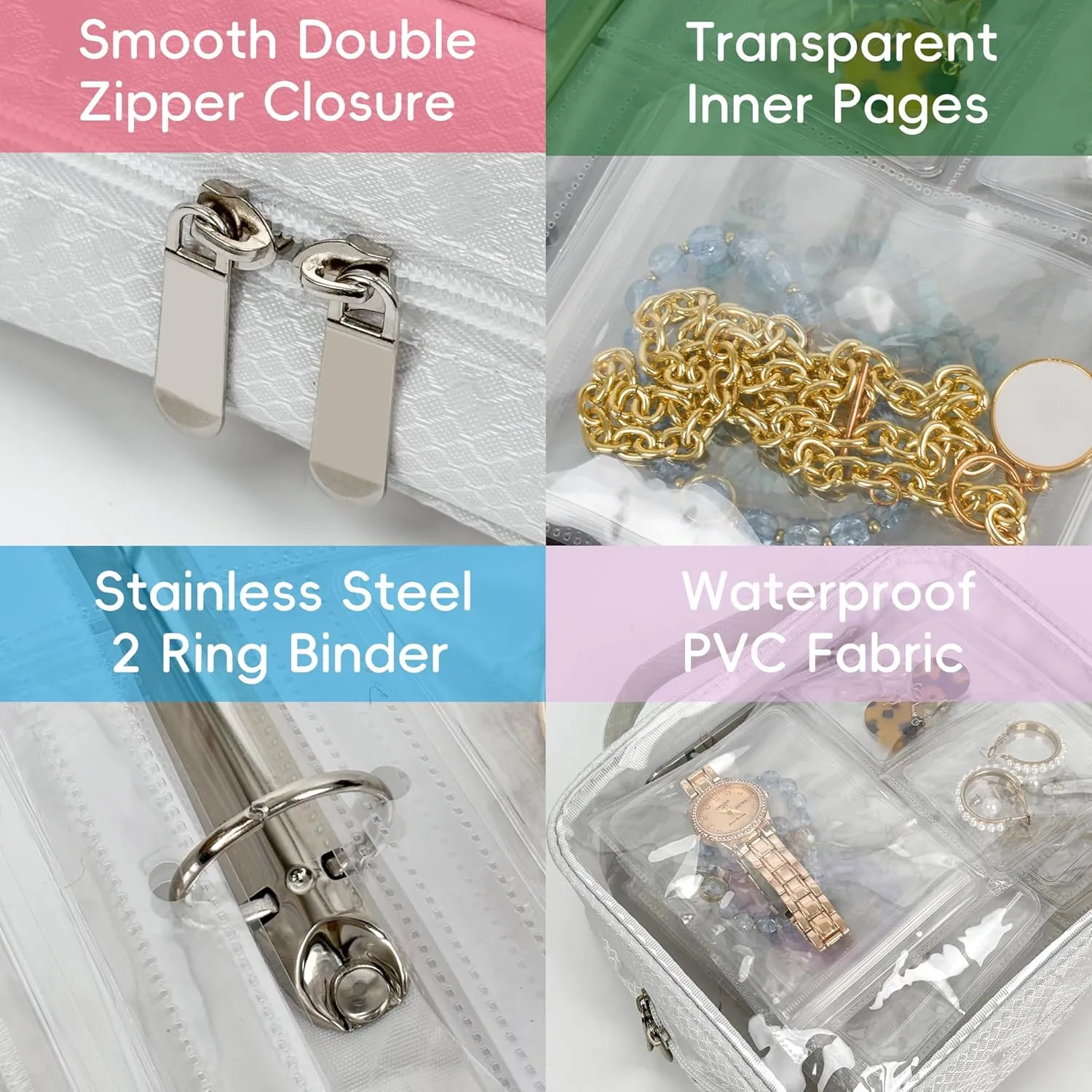Travel Jewelry Organizer Case Transparent Jewelry Storage Book Binder Bag for Earrings, Rings, Necklace, Bracelet (White-Clear Window)