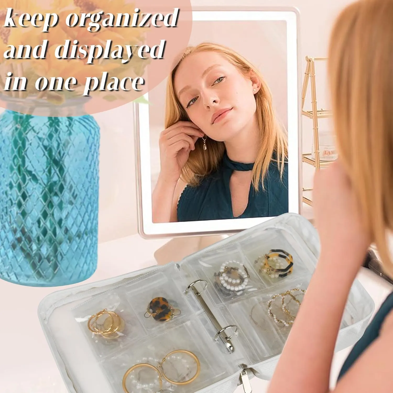Travel Jewelry Organizer Case Transparent Jewelry Storage Book Binder Bag for Earrings, Rings, Necklace, Bracelet (White-Clear Window)