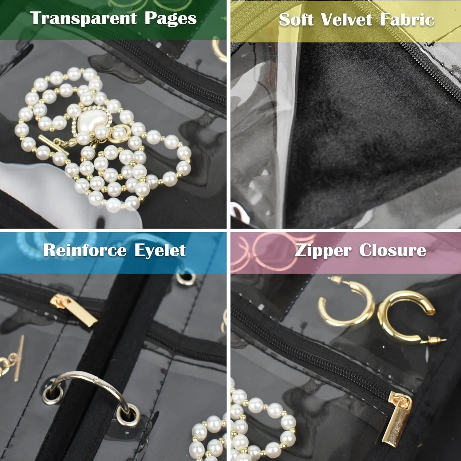 Travel Jewelry Organizer Case,Jewelry Bags Jewelry Storage Book Binder with Clear Zipper Velvet Pouch for Traveling,Earrings, Rings, Necklace, Bracelet