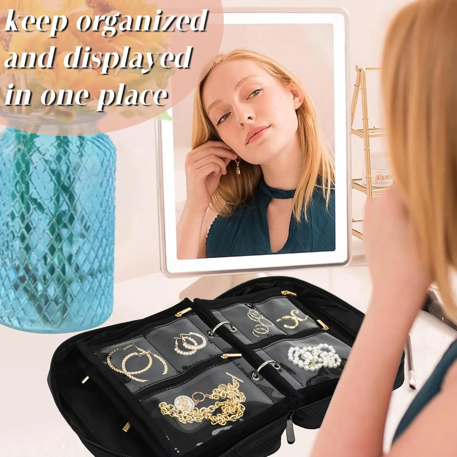 Travel Jewelry Organizer Case,Jewelry Bags Jewelry Storage Book Binder with Clear Zipper Velvet Pouch for Traveling,Earrings, Rings, Necklace, Bracelet