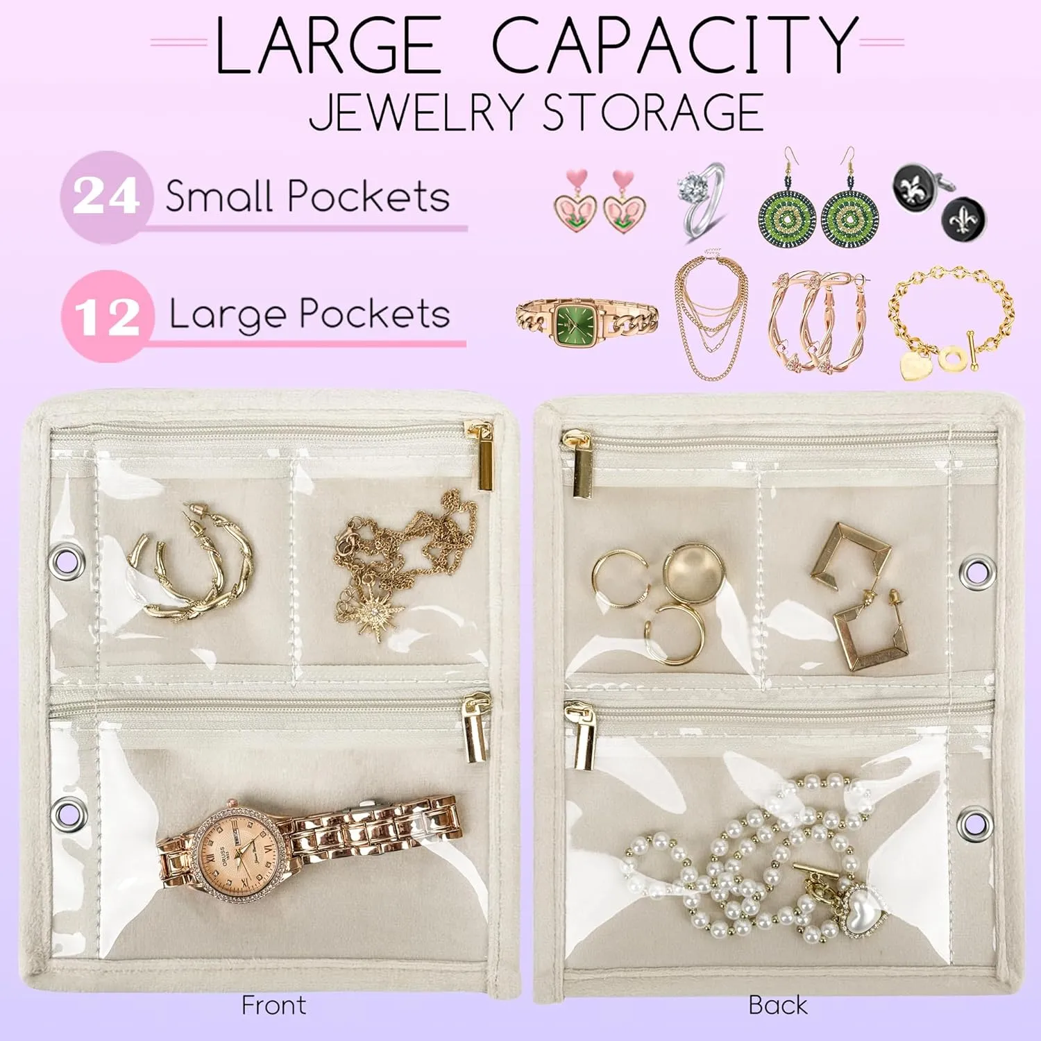 Travel Jewelry Organizer Case,Small Jewelry Bags Jewelry Storage Book Binder with Clear Zipper Velvet Pouch for Traveling,Earrings, Rings, Necklace, Bracelet (Pink)
