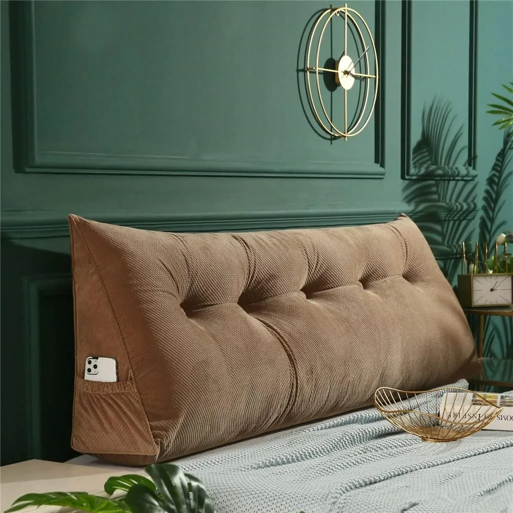 Triangular Headboard Pillow with Side Pockets, Solid Color Velvet Cushion Reading Pillow, Large Bolster Positioning Support Wedge Pillow for Daybed Bed with Removable Cover,A,Twin/100cm
