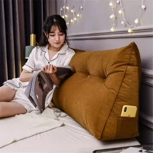 Triangular Headboard Pillow with Side Pockets, Solid Color Velvet Cushion Reading Pillow, Large Bolster Positioning Support Wedge Pillow for Daybed Bed with Removable Cover,Brown,Twin/100cm