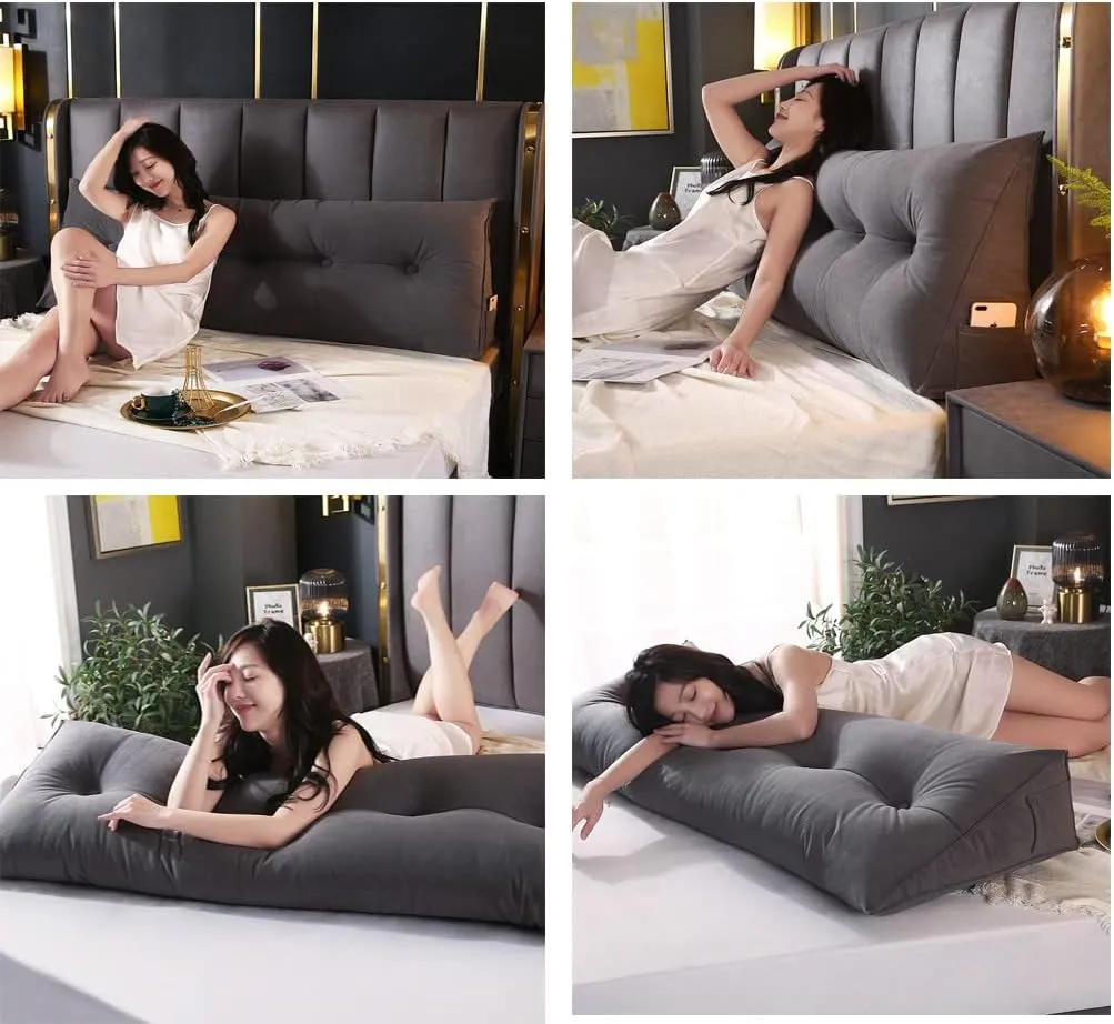 Triangular Headboard Pillow with Side Pockets, Solid Color Velvet Cushion Reading Pillow, Large Bolster Positioning Support Wedge Pillow for Daybed Bed with Removable Cover,Brown,Twin/100cm