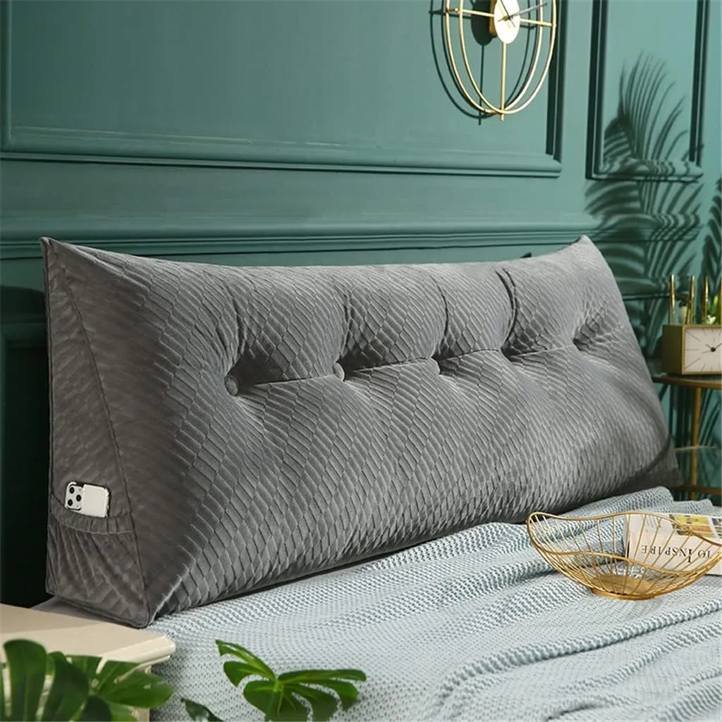 Triangular Headboard Pillow with Side Pockets, Solid Color Velvet Cushion Reading Pillow, Large Bolster Positioning Support Wedge Pillow for Daybed Bed with Removable Cover,B,Twin/100cm