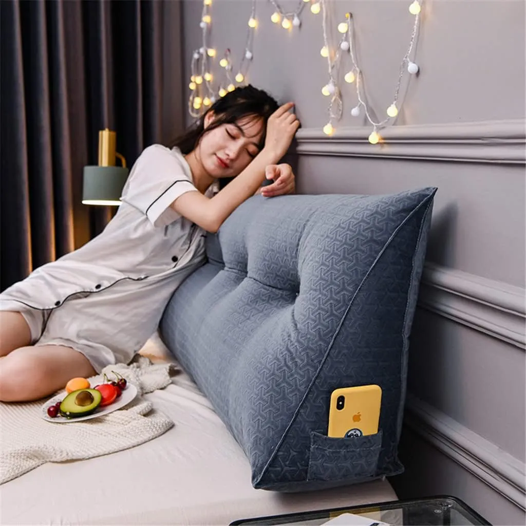 Triangular Headboard Pillow with Side Pockets, Solid Color Velvet Cushion Reading Pillow, Large Bolster Positioning Support Wedge Pillow for Daybed Bed with Removable Cover,Grey,Twin/100cm