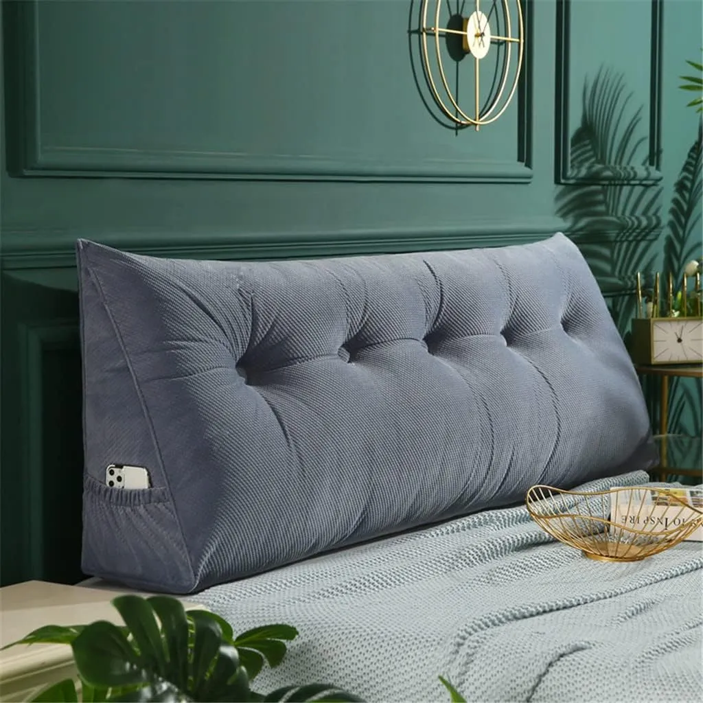 Triangular Headboard Pillow with Side Pockets, Solid Color Velvet Cushion Reading Pillow, Large Bolster Positioning Support Wedge Pillow for Daybed Bed with Removable Cover,Grey,Twin/100cm