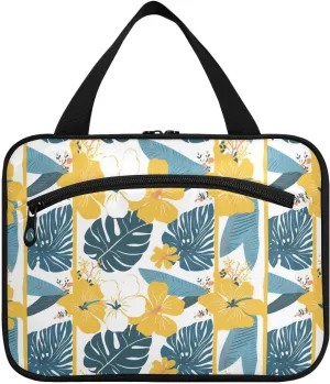 Tropical Style Flower Palm Treeeaves Yellow and Blue hanging toiletry bag for men travel with hook, designer waterproof makeup organizer bag for travel