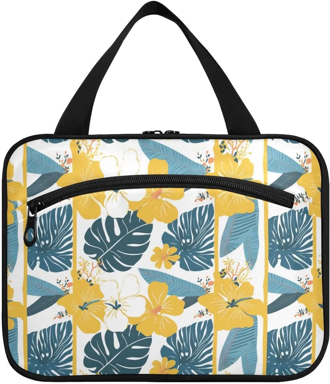 Tropical Style Flower Palm Treeeaves Yellow and Blue hanging toiletry bag for men travel with hook, designer waterproof makeup organizer bag for travel