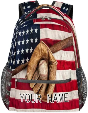 TropicalLife Baseball Custom Backpack, American Flag USA Baseball Personalized Backpacks with Name Bookbag Shoulder School Computer Hiking Gym Travel Casual Daypack