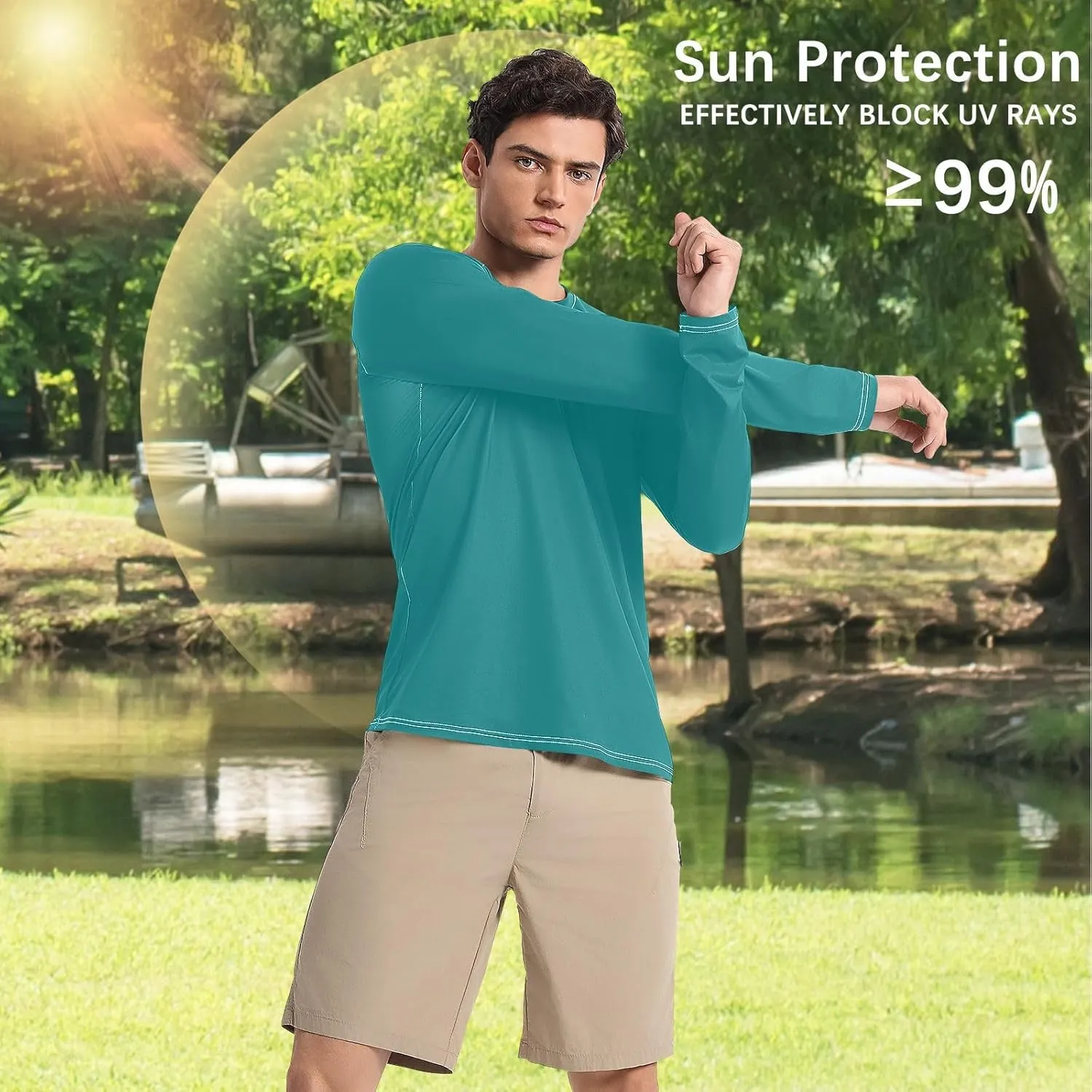 Turquoise SPF 50 Shirts for Men Quick Dry Hot Weather Long Sleeve Shirt Small