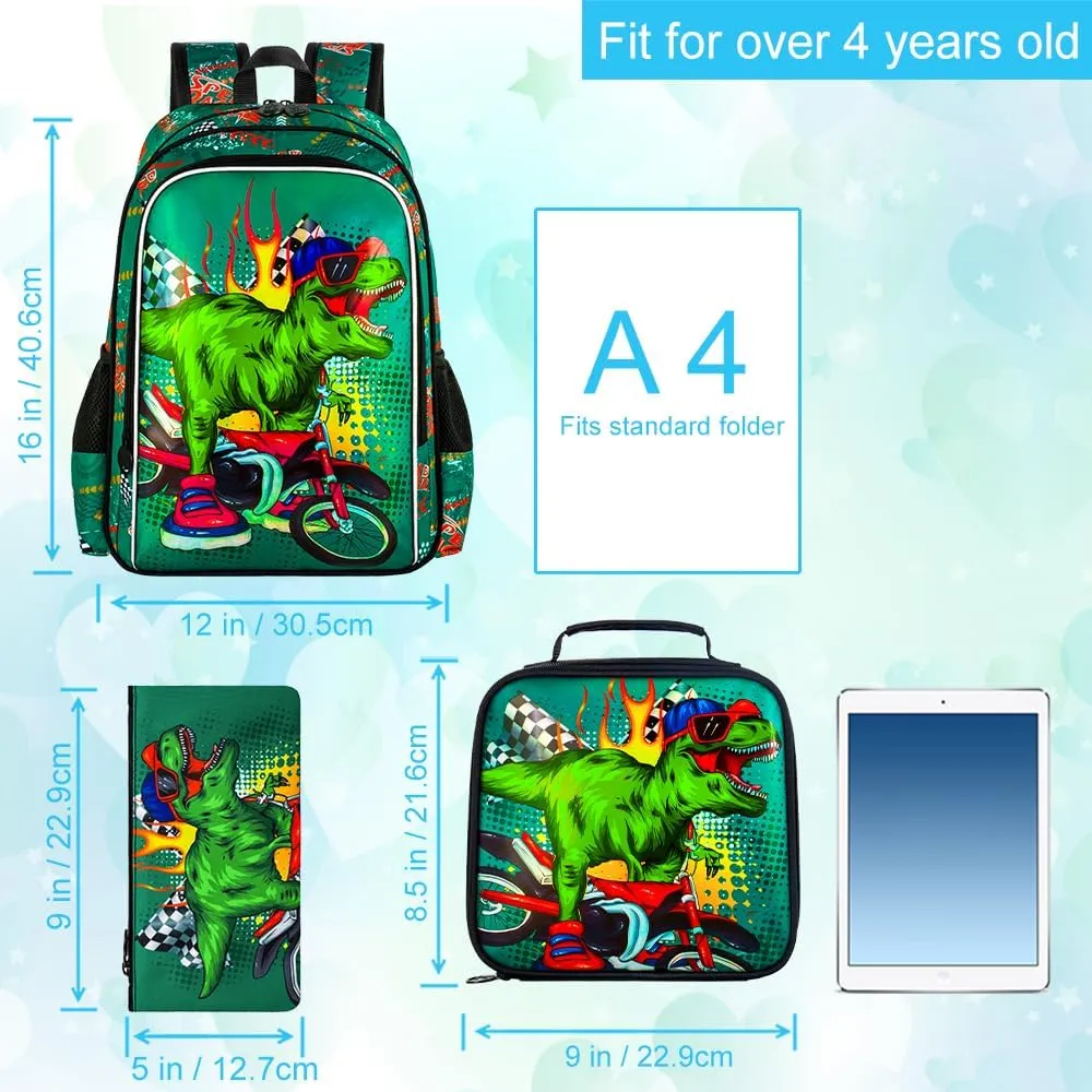 UFNDC 3PCS Boys Backpack,16”Kids Dinosaur Bookbag with Lunch Box, School Bag for Elementary Toddler