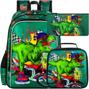 UFNDC 3PCS Boys Backpack,16”Kids Dinosaur Bookbag with Lunch Box, School Bag for Elementary Toddler