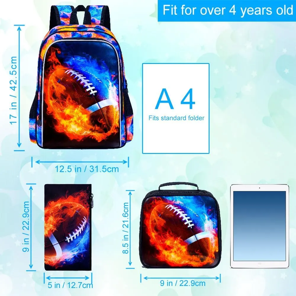 UFNDC 3PCS Kids Rugby Backpack, Boys Fire Bookbag with Lunch Box, 17" Water Resistant School Bag for Teenagers Elementary Middle