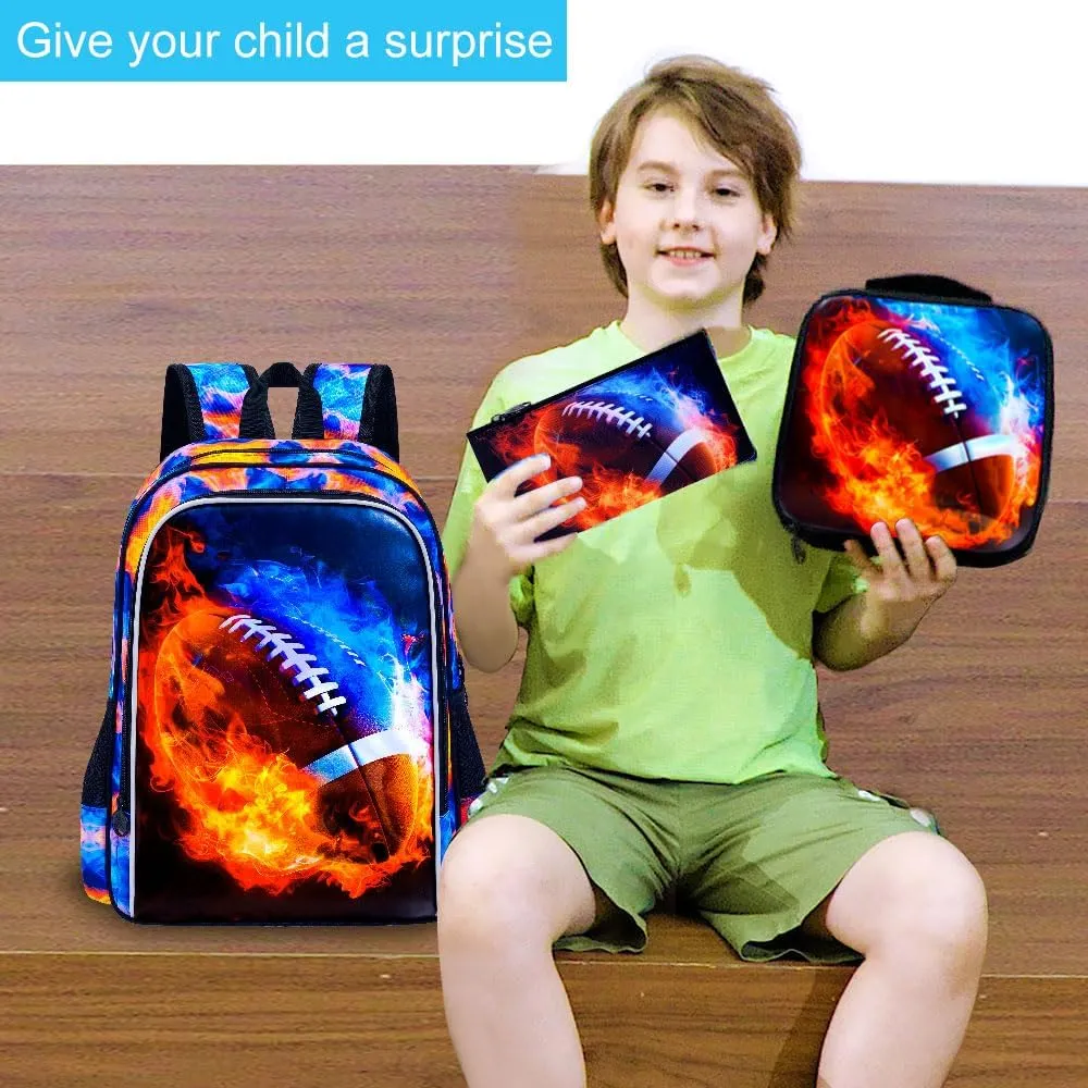 UFNDC 3PCS Kids Rugby Backpack, Boys Fire Bookbag with Lunch Box, 17" Water Resistant School Bag for Teenagers Elementary Middle