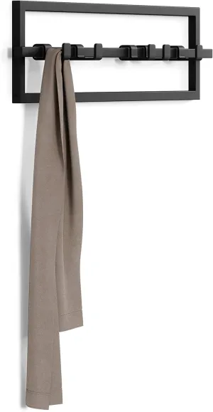 Umbra Cubiko Wall Mounted Modern, Sleek, Space-Saving Hanger with Retractable Hooks to Hang Coats, Scarves, Purses and More, 5, Black