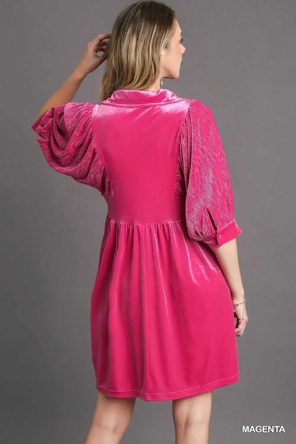 Umgee - Velvet 3/4 Sleeves Collar Dress - Elegant Women’s Attire for Winter Gatherings, Wedding Guest, Cocktail Formal Events