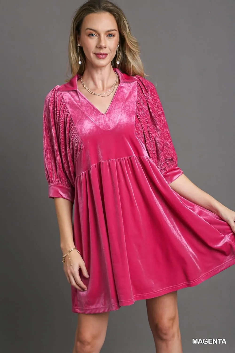 Umgee - Velvet 3/4 Sleeves Collar Dress - Elegant Women’s Attire for Winter Gatherings, Wedding Guest, Cocktail Formal Events