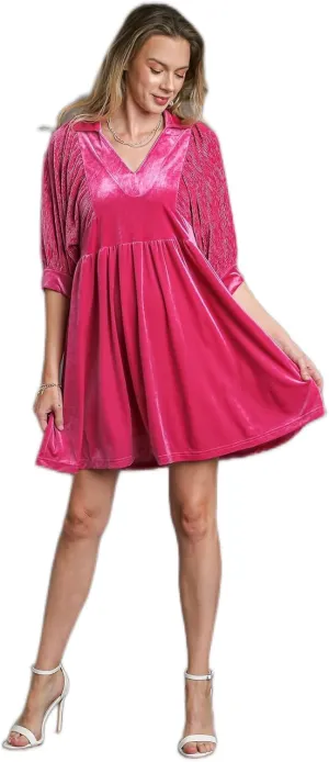 Umgee - Velvet 3/4 Sleeves Collar Dress - Elegant Women’s Attire for Winter Gatherings, Wedding Guest, Cocktail Formal Events