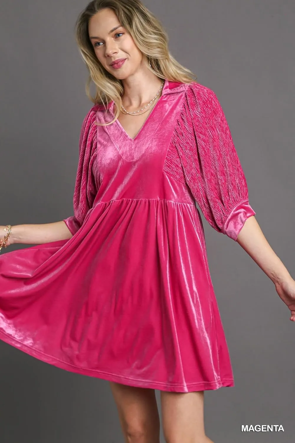 Umgee - Velvet 3/4 Sleeves Collar Dress - Elegant Women’s Attire for Winter Gatherings, Wedding Guest, Cocktail Formal Events