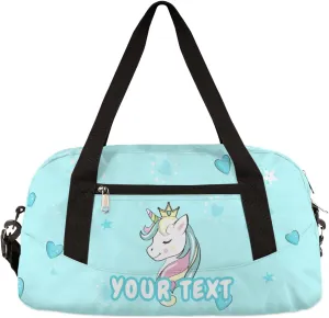 Unicorn King Love Personalized Kids Duffel Bag for Girls, Light Blue Color Customized Dance Bag Overnight Small Duffel Bag Carry On Weekend Sports Gym Travel Bag for School Practice Gymnastics Ballet