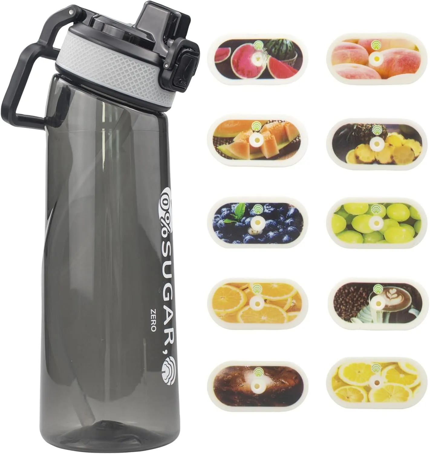 Upgrade Air Scented Up Water Bottle Set, Scent Water Bottle(24 oz/700 ml) with 10 Fruit Flavour Pods, Fruit Fragrance Scented Water Cup BPA Free Sports Water Cup for School, Gym(Black)