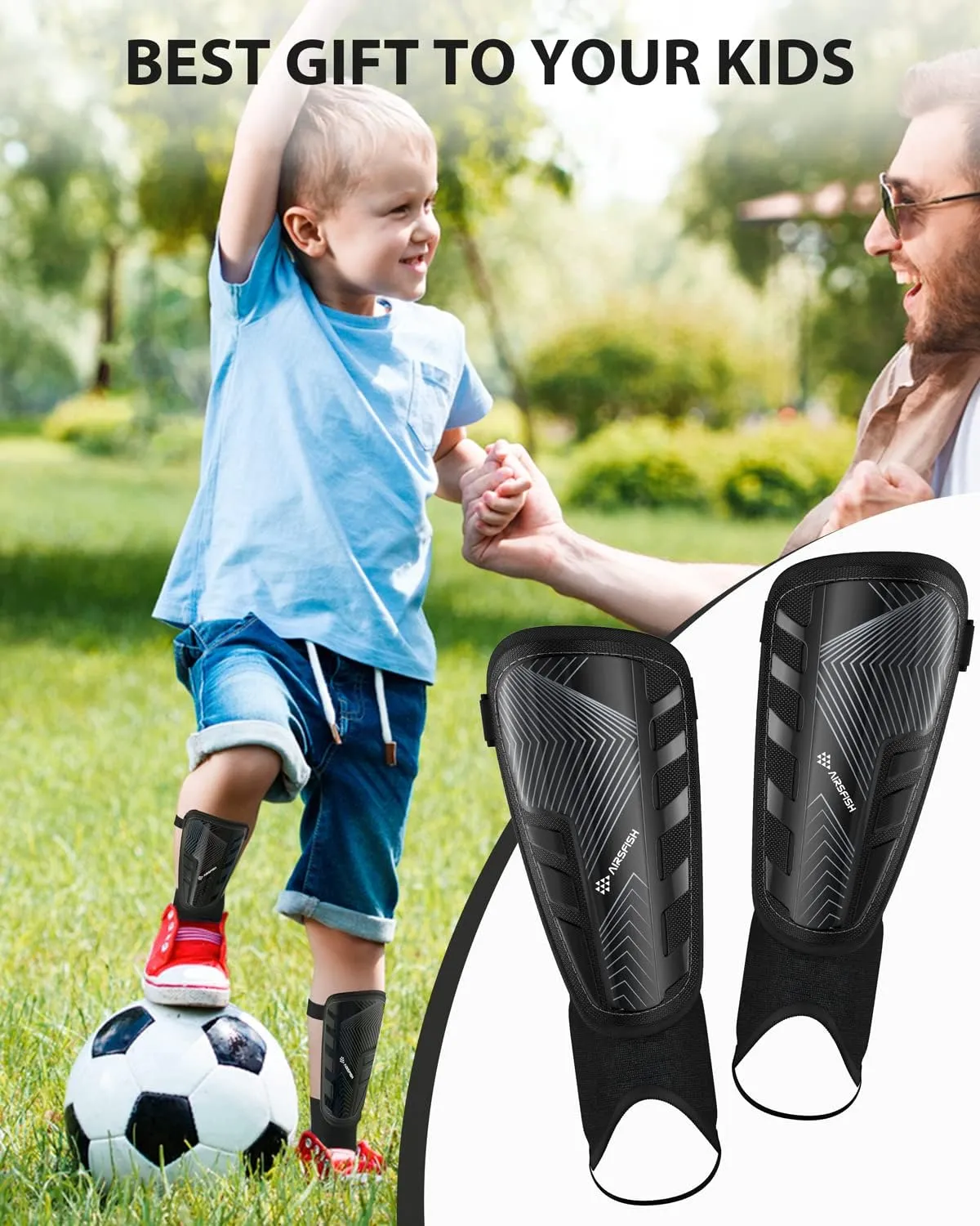 Upgraded Soccer Shin Guards for Kids Youth Adults, CE Certified AirsFish Shin Guard Sleeves Protection Gear for Boys Girls Soccer Games EVA Cushion Reduce Shocks and Injuries