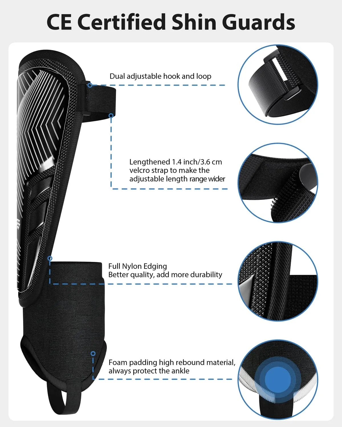 Upgraded Soccer Shin Guards for Kids Youth Adults, CE Certified AirsFish Shin Guard Sleeves Protection Gear for Boys Girls Soccer Games EVA Cushion Reduce Shocks and Injuries