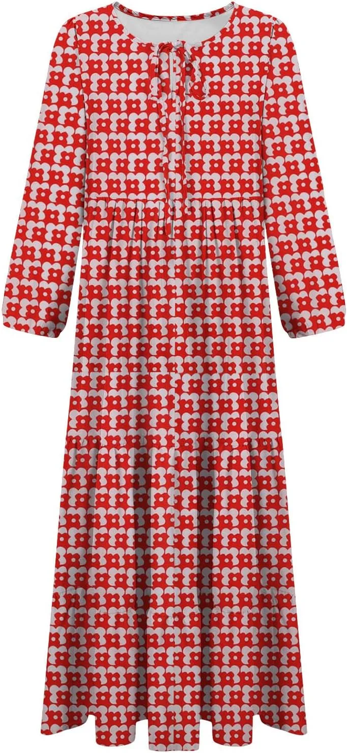 Vacation Dresses for Women 2024 Trendy 3/4 Sleeve Tie V Neck Tiered Ruffle Maxi Dress Causal Loose Long Sleeve Dress