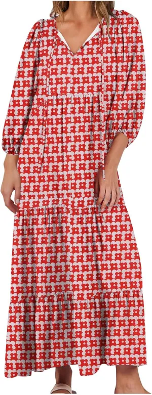 Vacation Dresses for Women 2024 Trendy 3/4 Sleeve Tie V Neck Tiered Ruffle Maxi Dress Causal Loose Long Sleeve Dress
